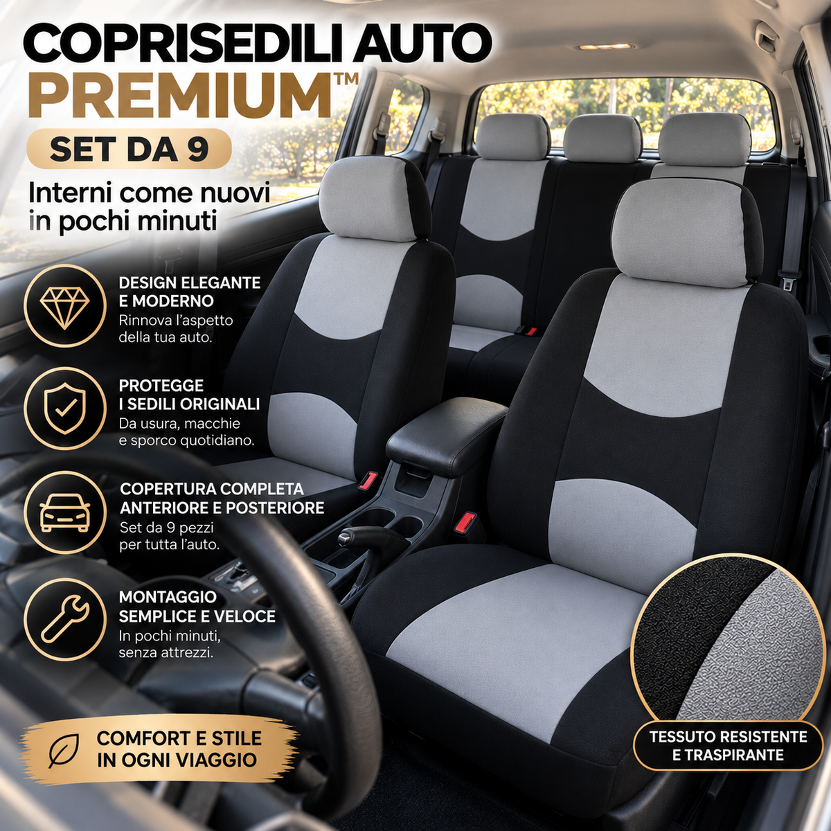 Coprisedili Auto Premium™ – Copertura Completa Sedili Anteriori e Posteriorii | Set da 9 pezzi