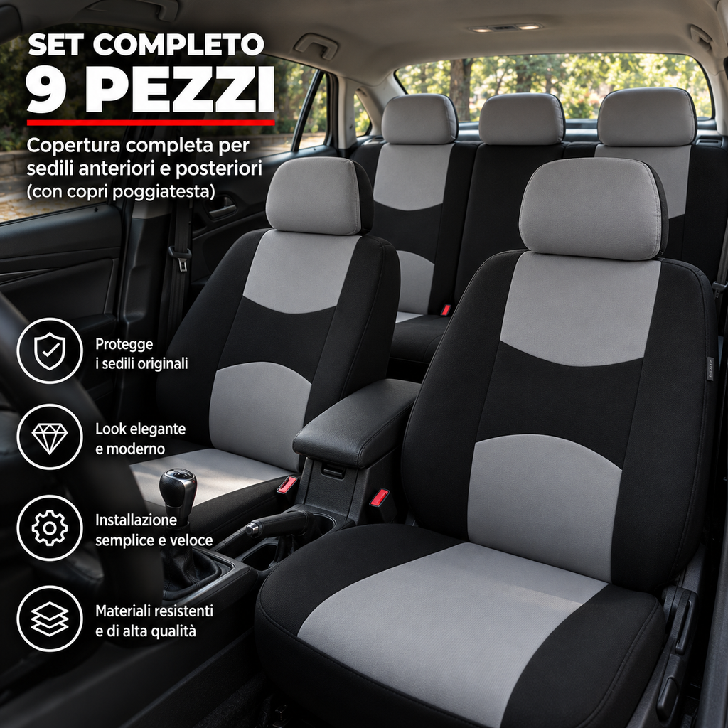 Coprisedili Auto Premium™ – Copertura Completa Sedili Anteriori e Posteriorii | Set da 9 pezzi