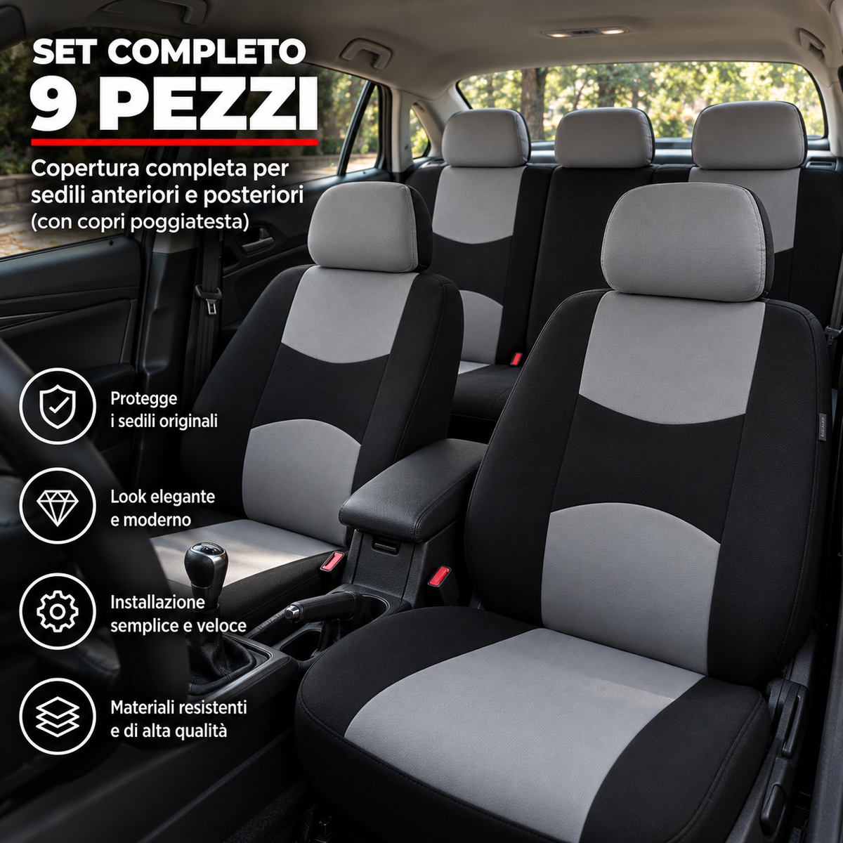 Coprisedili Auto Premium™ – Copertura Completa Sedili Anteriori e Posteriorii | Set da 9 pezzi