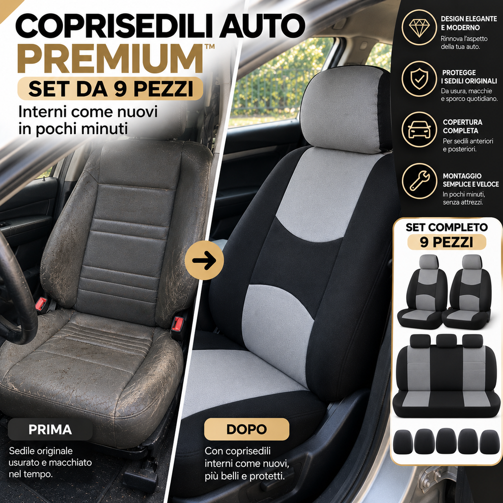 Coprisedili Auto Premium™ – Copertura Completa Sedili Anteriori e Posteriorii | Set da 9 pezzi